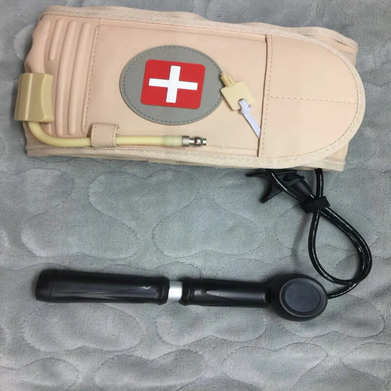 Beige medical device with a red cross patch on a textured gray surface