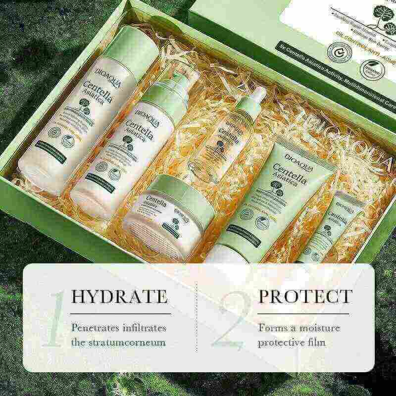 Centella skincare gift set with serum, cream, cleanser, and lotion in green packaging.