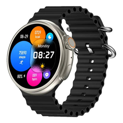 Fitness smartwatch with black silicone strap displaying steps, calories, and heart rate