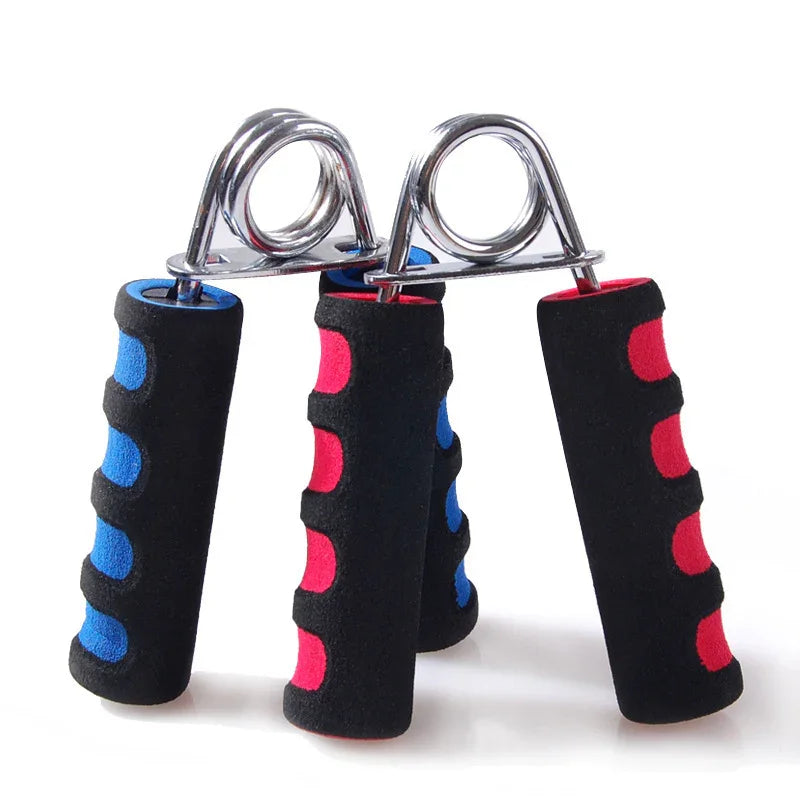 Pair of hand grip strengtheners with black foam handles in red and blue accents