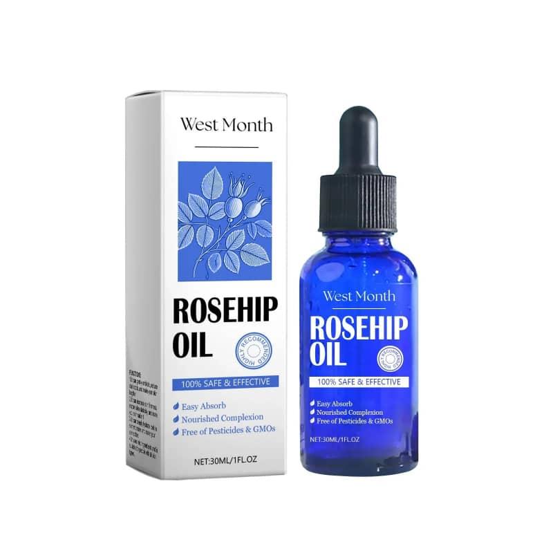 Rosehip oil in blue dropper bottle with box, skincare product, 30ml