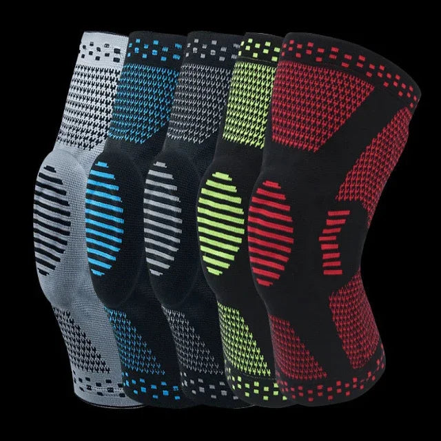 Assorted compression knee sleeves in gray, blue, black, green, and red on black background