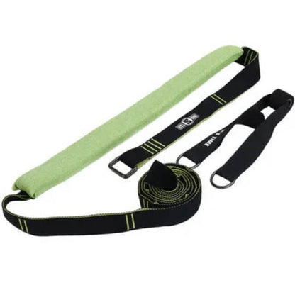 Adjustable resistance exercise strap with green padded handle and black fitness loops