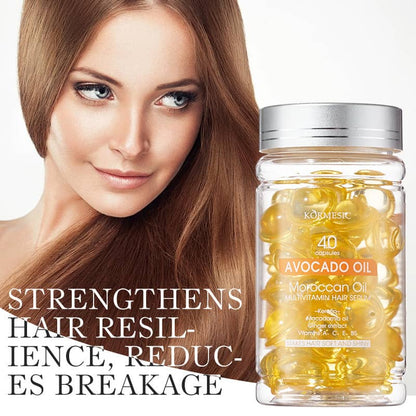 Woman with long brown hair next to a jar of Kormesic hair supplement capsules on a white background.