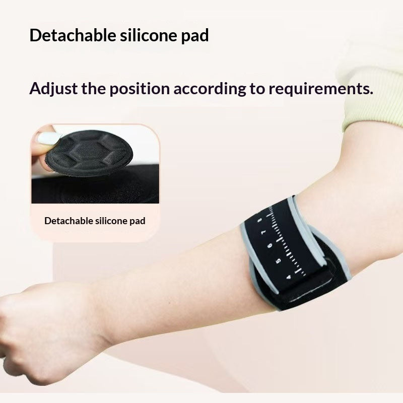Detachable silicone pad on a wrist with text explaining its use
