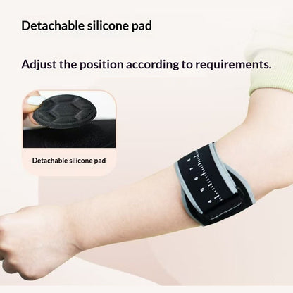 Detachable silicone pad on a wrist with text explaining its use