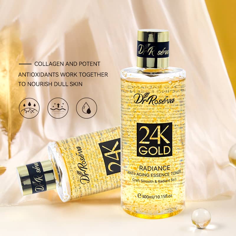 Dr. Reserva 24K Gold Radiance Anti-Aging Essence Toner bottle with text on a soft fabric background