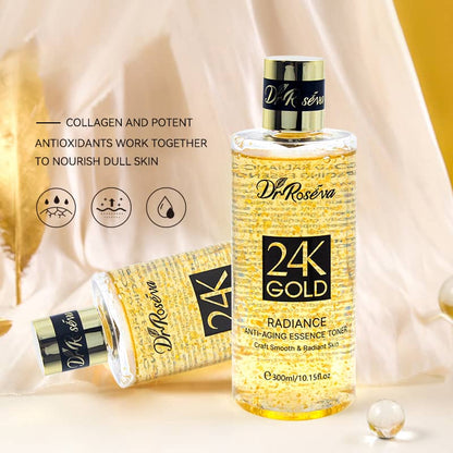 Dr. Reserva 24K Gold Radiance Anti-Aging Essence Toner bottle with text on a soft fabric background