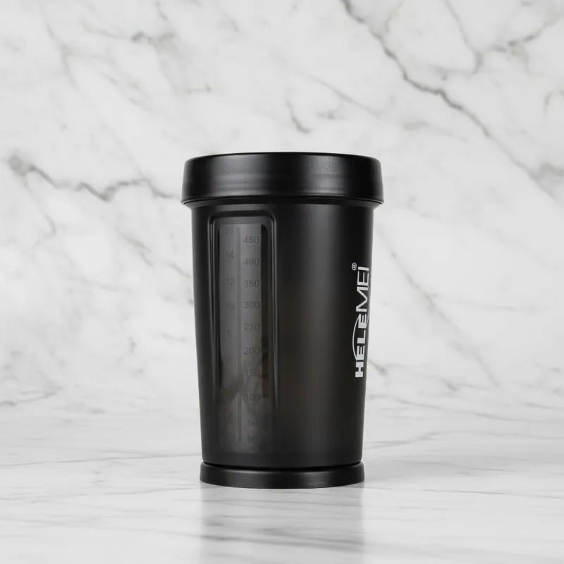 A black shaker bottle with a matching lid, featuring a clear measurement window and white vertical 'HELEMEI' branding, set against a white marble background.