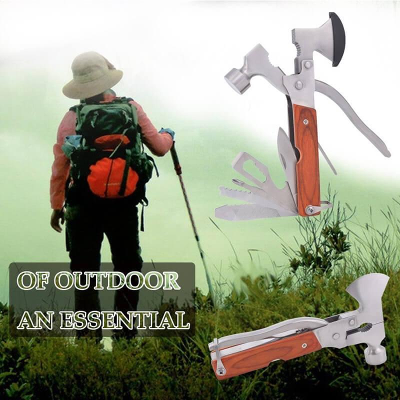 Hiker with backpack and trekking pole next to multitool axe for outdoor camping or survival.