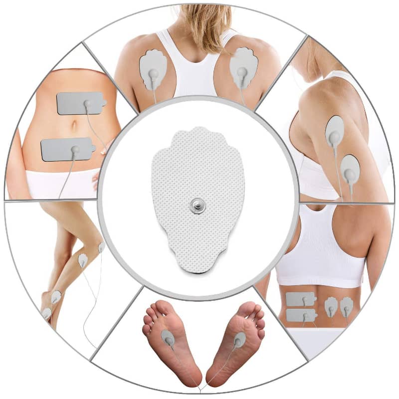 Electrode pad on a person's skin with multiple views and close-ups.