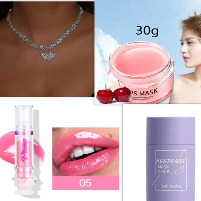 Assorted beauty products including lip mask, lip gloss, eggplant face mask stick, and glossy lips.