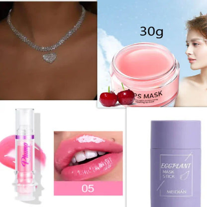 Assorted beauty products including lip mask, lip gloss, eggplant face mask stick, and glossy lips.
