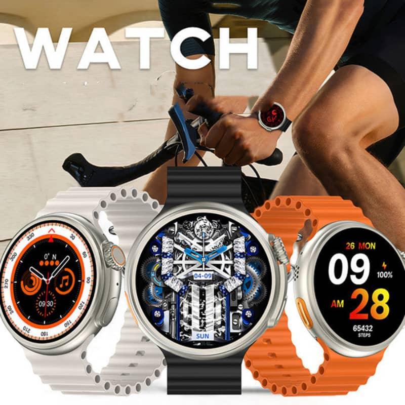 Smart fitness watches with colorful bands displayed in front of a cyclist for workout tracking