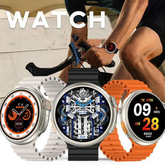 Smart fitness watches with colorful bands displayed in front of a cyclist for workout tracking