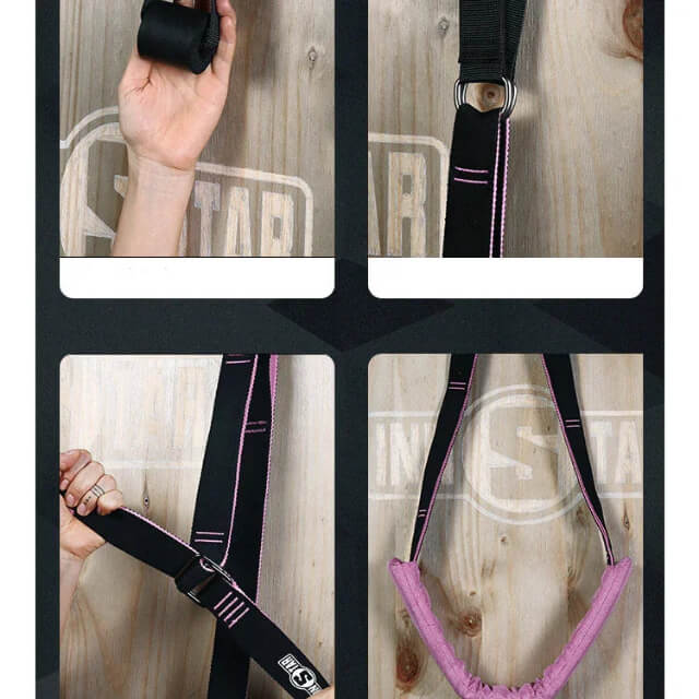 Four-step setup of adjustable fitness suspension straps with black and pink details