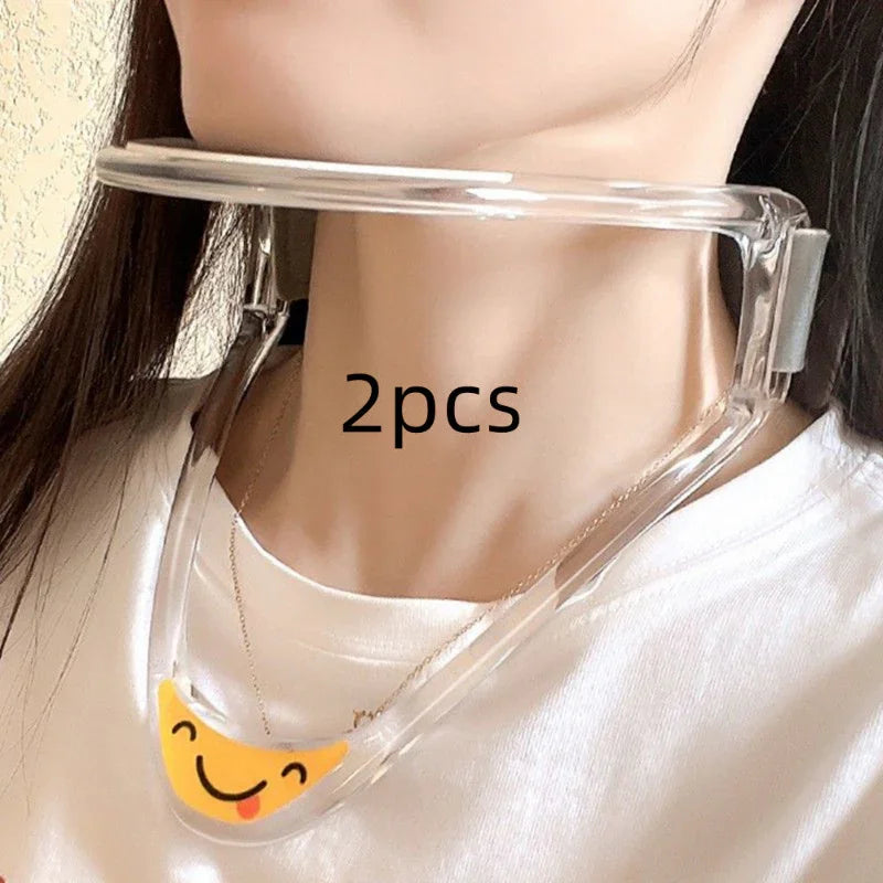 Clear plastic chin support device on woman's neck, 2-pack, fitness accessory