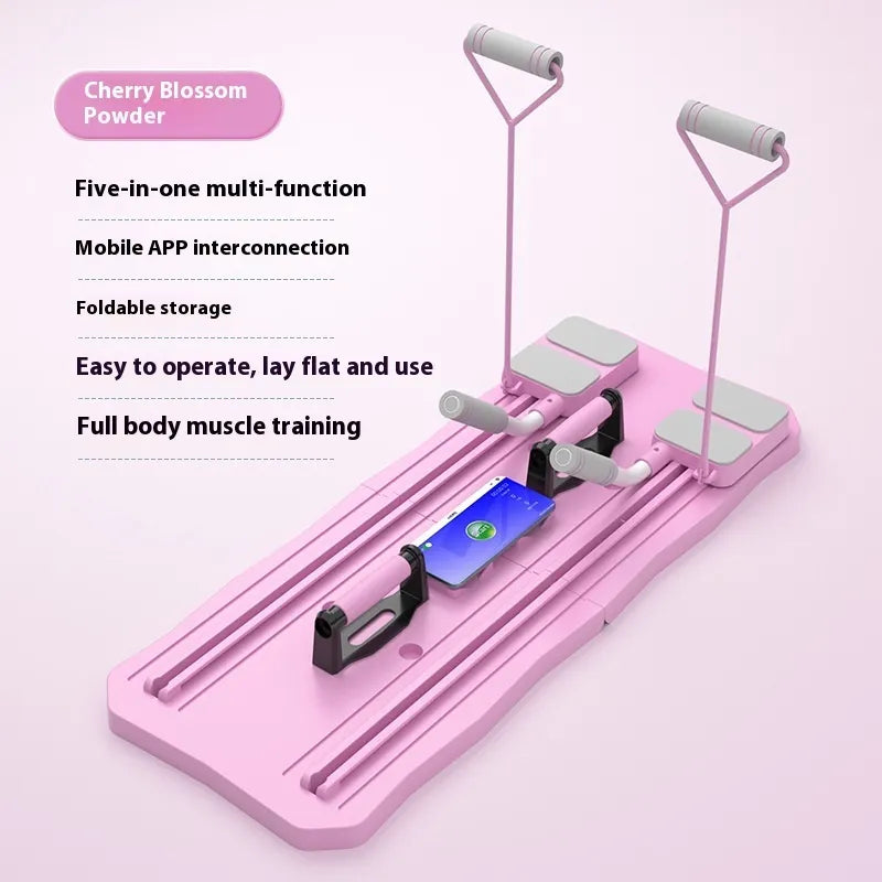 Pink multi-function fitness device with text on a light pink background