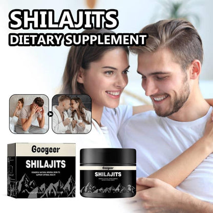 Couple smiling with Googeer Shilajits dietary supplement box and jar, wellness concept
