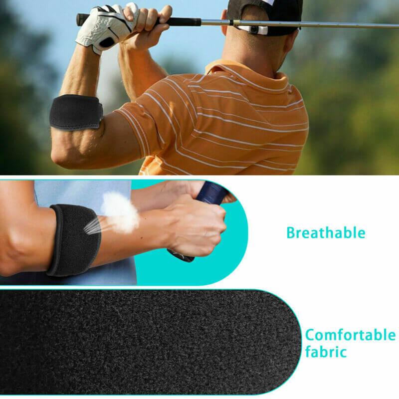 Person golfing with a close-up of a breathable and comfortable fabric wrist support.