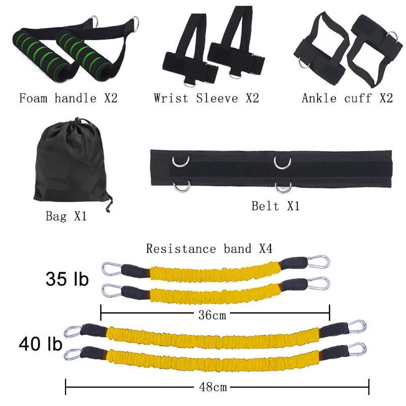 Collection of fitness equipment including foam handles, wrist sleeves, ankle cuffs, a bag, a belt, and resistance bands with measurements.