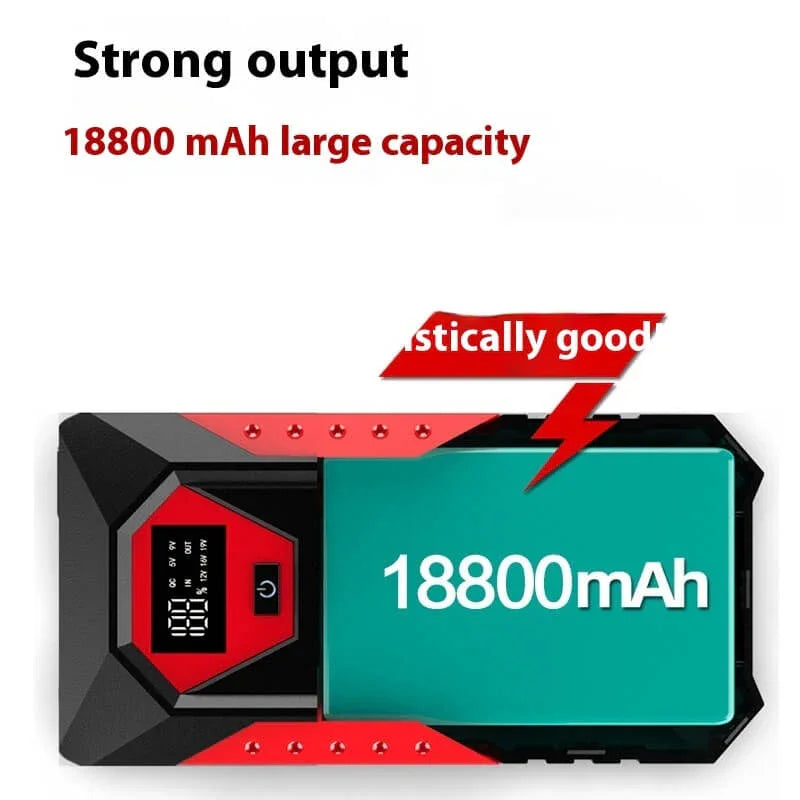 Portable power bank with digital display and 18800mAh large capacity, black and red design