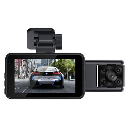 Car dashboard camera with screen displaying a car on a road, on a white background