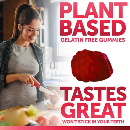 Smiling woman in kitchen slicing fruit with text promoting plant-based, gelatin-free gummies.