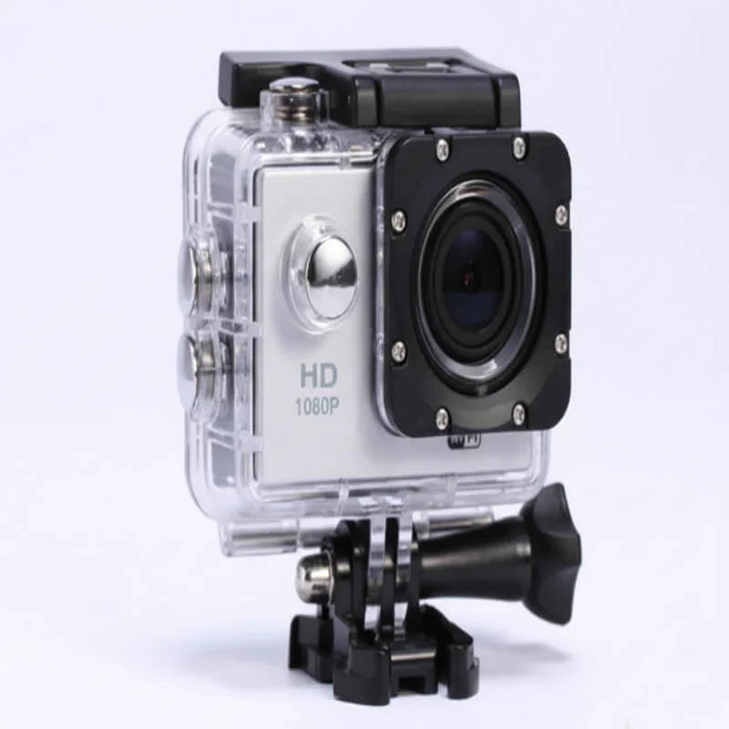HD 1080P action camera in waterproof case with mount, ideal for outdoor fitness adventures