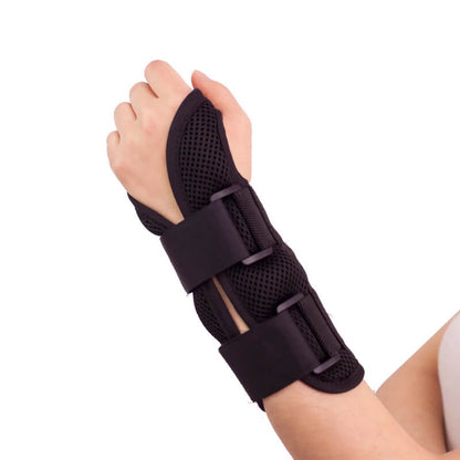 Black mesh wrist brace for fitness support on a person's arm, Hi Fitness equipment