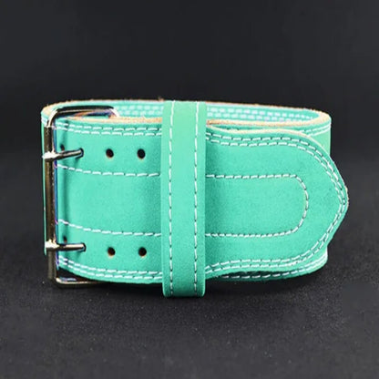 Turquoise weightlifting belt with double prong buckle and reinforced stitching