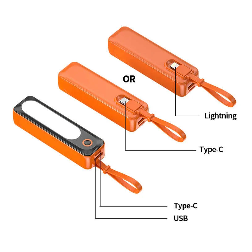 Orange portable LED light with USB, Type-C, and Lightning charging ports, outdoor gear