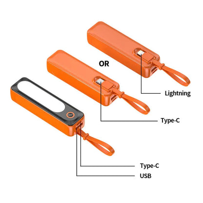 Orange portable LED light with USB, Type-C, and Lightning charging ports, outdoor gear