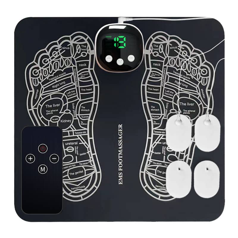 EMIS foot massager with footprints and穴位 labels on a black background