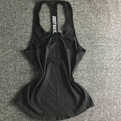 Black racerback gym tank top with 'JUST DO IT.' text on back, fitness apparel on grey background