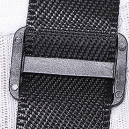 Close-up of a black textured belt with a metal buckle on a white background
