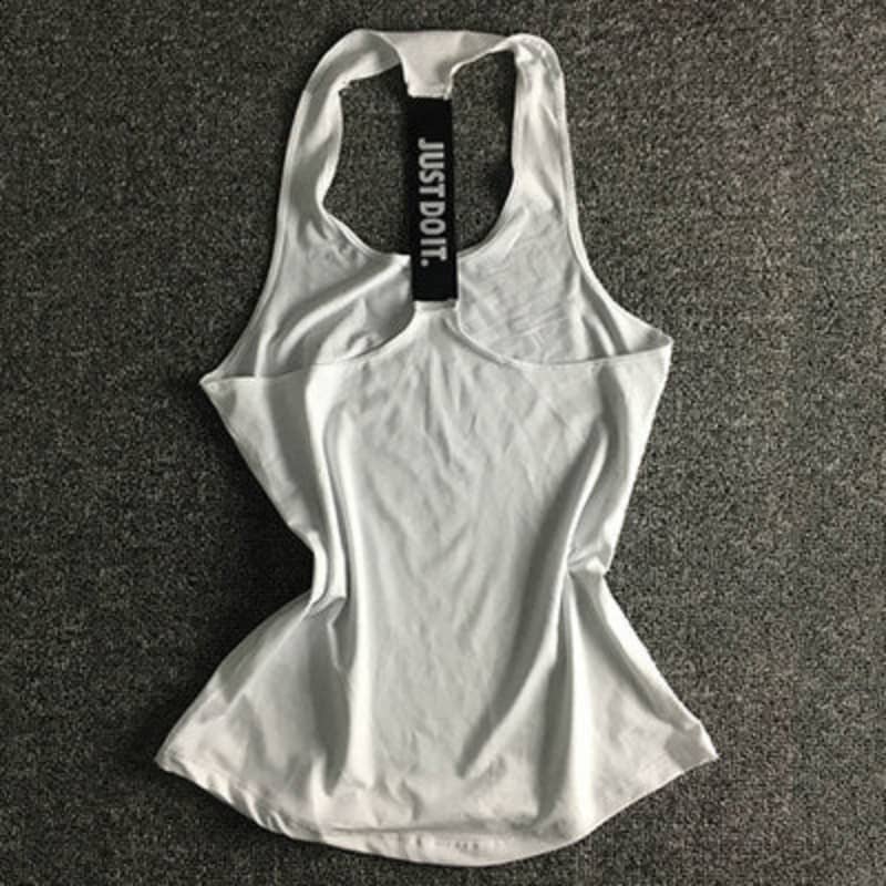 White tank top with a brand tag on a dark gray background