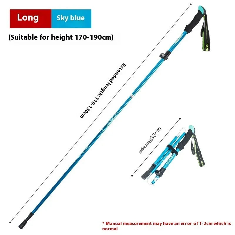 Long sky blue trekking pole for height 170-190cm, foldable, extended length 130cm.