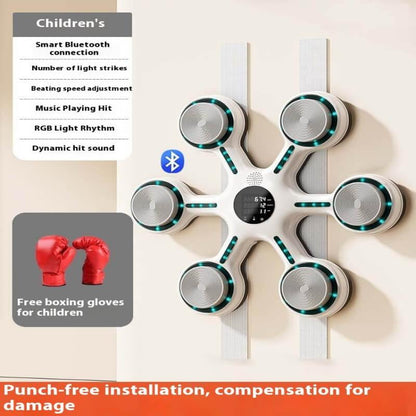 Children's wall-mounted interactive boxing trainer with Bluetooth, LED lights, and free boxing gloves.