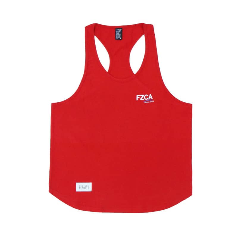 Red tank top with 'FZCA' logo on a white background