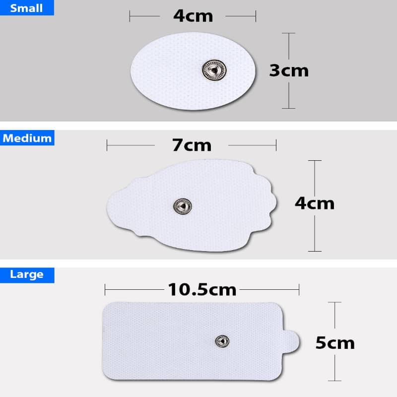 Measurement chart showing small, medium, and large adhesive patches with dimensions.