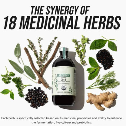 Live probiotic supplement bottle with assorted medicinal herbs and fresh ingredients