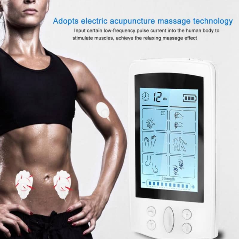 Electric acupuncture massage device with digital display and woman with electrodes on her arm.