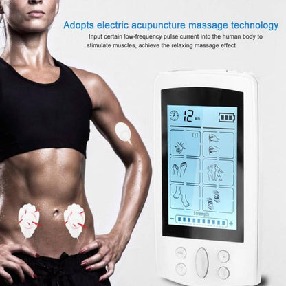 Electric acupuncture massage device with digital display and woman with electrodes on her arm.