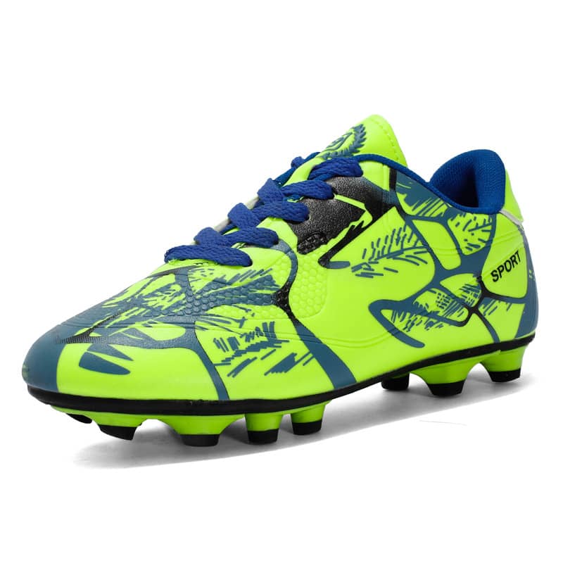 Bright green soccer cleat with blue laces on a white background