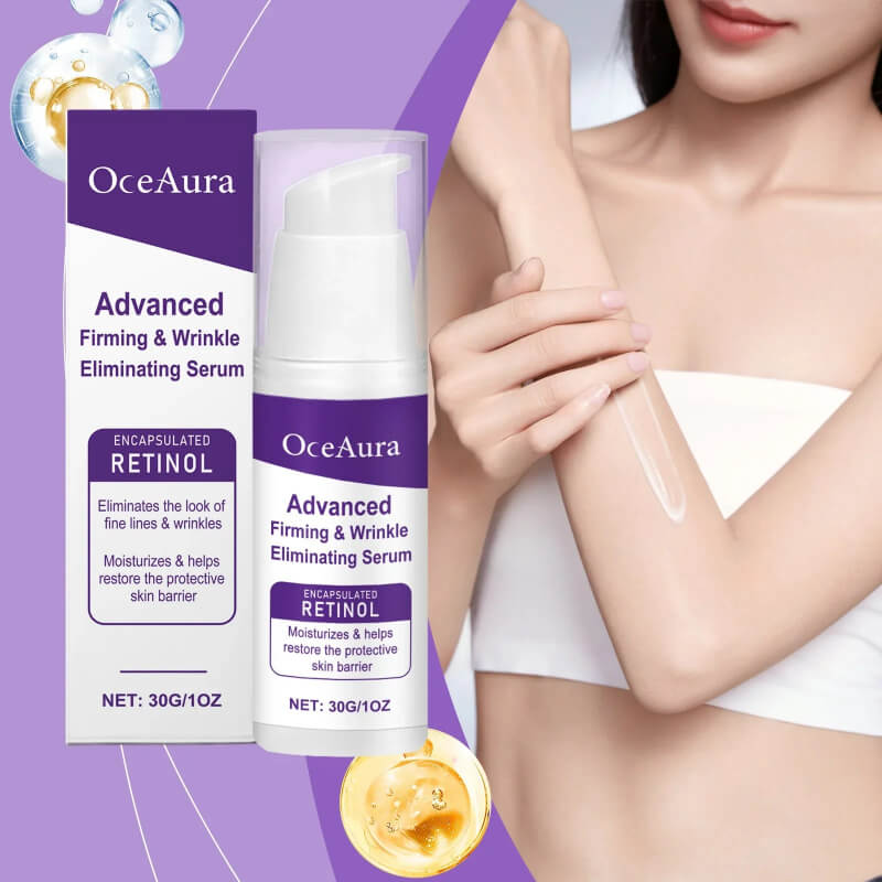 OceAura retinol firming and wrinkle eliminating serum applied to woman's arm, product packaging visible.