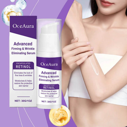 OceAura retinol firming and wrinkle eliminating serum applied to woman's arm, product packaging visible.