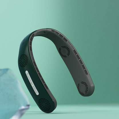 Black and green Bluetooth headset on a light green background