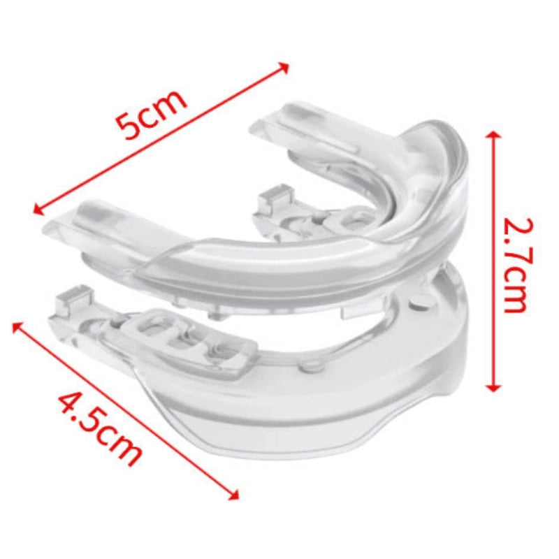 White mouthguard with dimensions labeled on a white background