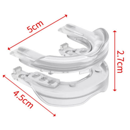 White mouthguard with dimensions labeled on a white background